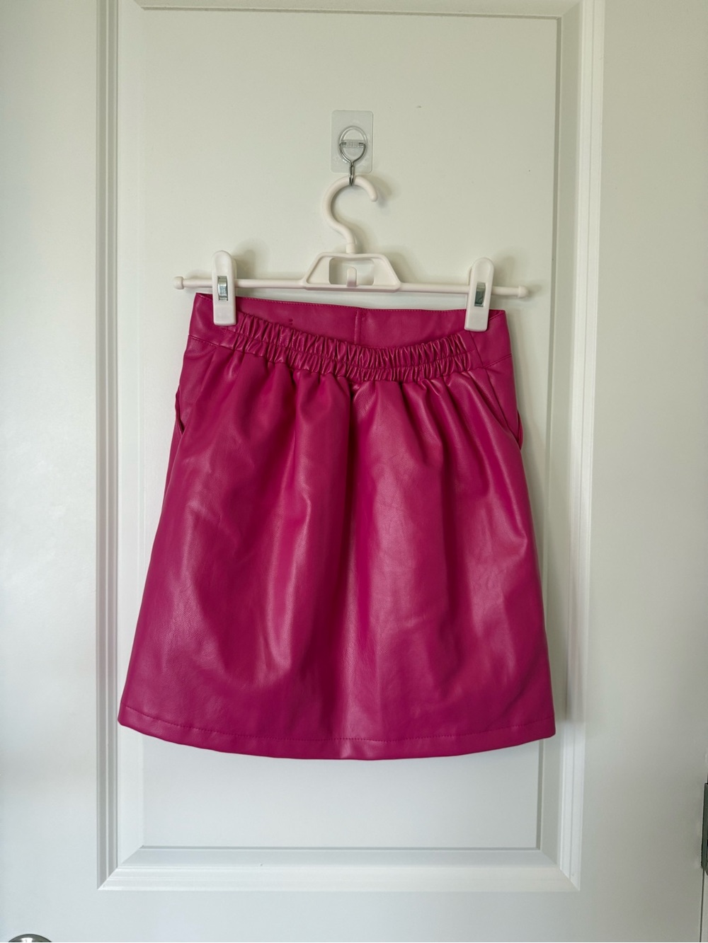 Girls' Faux Leather A-Line Mini Skirt in Fuchsia with Gold Button - Picture 2 of 4